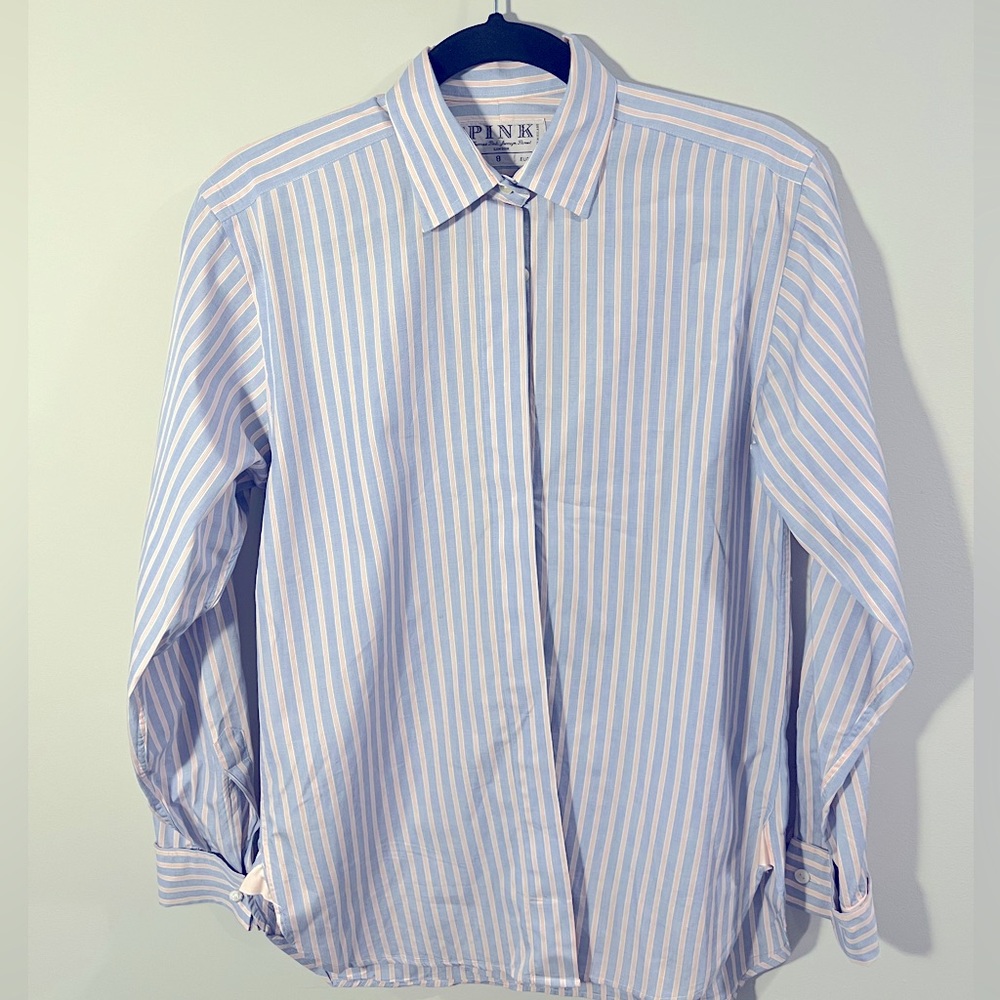 Thomas Pink Blue and Pink Stripe Button Down Shirt Size 8